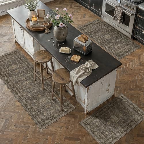 3 Piece Dark Brown Vintage Kitchen Rug Set by WondRg
