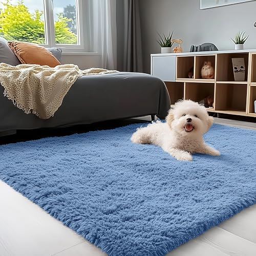 OLANLY 3x5 Machine Washable Small Bedside Rug, Soft Fluffy Shaggy Rugs for Living Room, Bedroom, Indoor Floor Carpet for Kids Girls and Boys, Preppy Dorms, Nursery, Home Decor Aesthetic, Blue by OLANLY