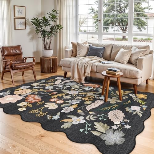 Scalloped Area Rugs 5x7: Non-Slip Washable Living Room Rug Black by BYYVOORugsforYourHome