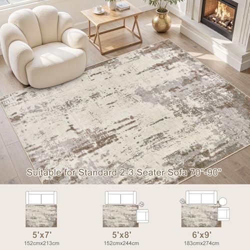 UERMEI 6x9 Area Rug Living Room Rugs - Washable Neutral Modern Abstract Soft Thin Rug Indoor Floor No Slip Rug Carpet for Bedroom Under Dining Table Home Office Decor - Brown/Grey/Beige - Image 3