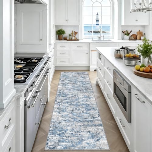 Modern Hallway Runner Rug 2x8,Textured Non Slip Carpet Runner,Ocean Blue - Image 2