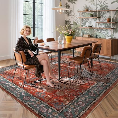 Moynesa Leopard Washable Rugs, 8x10 Area Rugs for Living Room, Soft Large Vintage 8x10 Bedroom Rug, Botanical Non Slip Ultra Thin Floor Carpet for Dining Room Home Office, Rust - Image 6