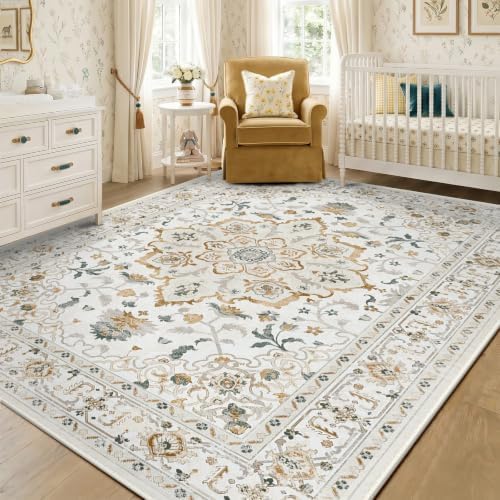 CAPALOCA 9x12 Washable Nursery Girls Low Pile Area Rug Beige White by CAPALOCA