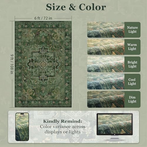 Green Medallione 6x8 Area Rugs for Living Room, Low Pile Thin Washable Non Slip Rugs for Bedroom Dining Room, Vintage Distressed Carpet for Home Office Guest Room - Image 2