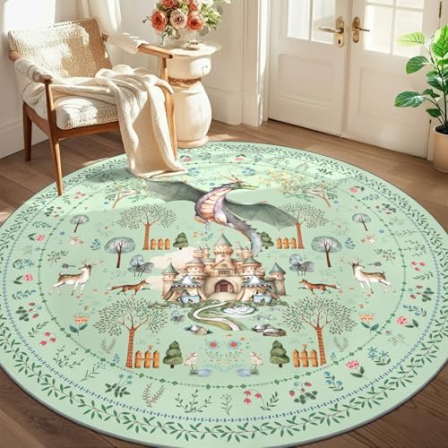 nesrt Fantasy Dragon Round Rugs for Living Room 6Ft Non Slip, Washable Animal Print Dining Room Circle Rugs, Soft Whimsical Nursery Floor Carpets for Playroom Bedroom Office (Green) by nesrt