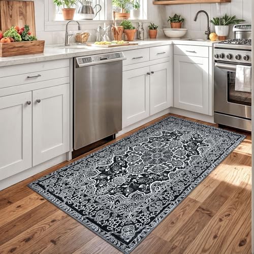 KUTA 3x5 Rugs for Entryway Washable Area Rug Vintage Kitchen Rugs Black - Image 2