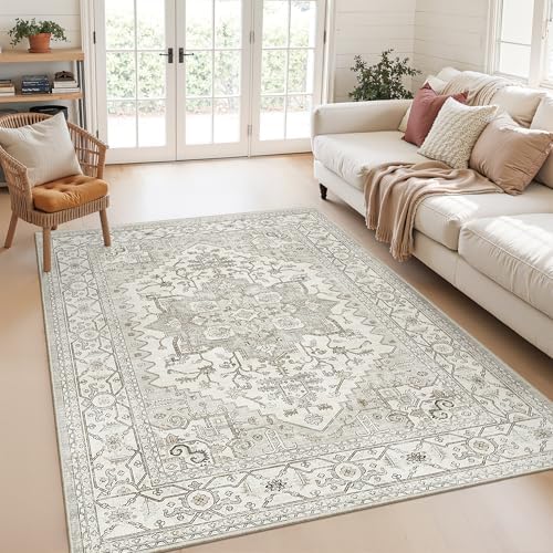 befbee Area Rug for Living Room 3x5, Neutral Non Slip Low Pile Carpet Beige by Befbee