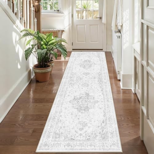 2.6x8 Washable Kitchen Runner Rug Soft Medallion Gray Throw Carpet - Image 4