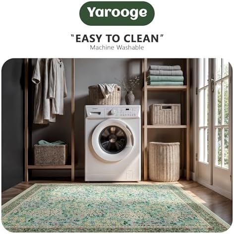 5x7 Area Rugs, Vintage Washable Rug for Bedroom, Indoor Non-Slip Rugs for Living Room, Dining Room, Low Pile Home Decor Floral Rug(Green Floral) - Image 6