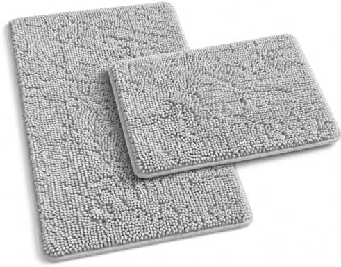 Bathroom Rugs Sets 2 Piece Plush Chenille Bath Rugs Non-Slip Bath Mats Absorbent Shaggy Rugs,Bathtub Mat, Gray Pet Dog Mats,Washable Bathroom Carpet for Tub, Shower, Washroom- 32x20 + 24x16 Inch by RUNHELIX