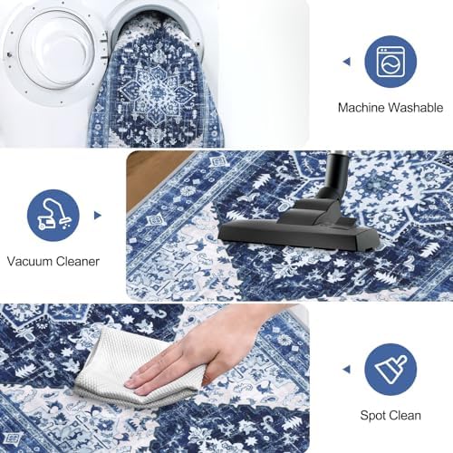 Yamaziot Washable Runner Rug, 2x6 Non-Slip Boho Vintage Hallway Rug Runner with Rubber Backing, Stain Resistant & Low Pile Faux Wool Distressed Carpet Runner for Kitchen, Laundry, Entrance, Blue - Image 5