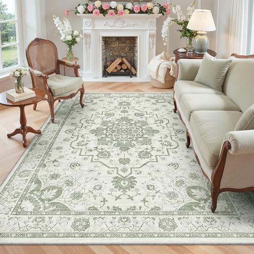 Madane 6x9 Area Rugs for Living Room, Washable Vintage Soft Rug Green/Ivory by Madane