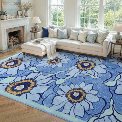 6x9 Ft Floral Area Rugs for Living Room, Thin Soft Washable Carpet Blue - Image 2
