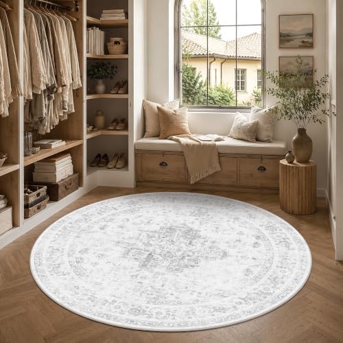 5ft Round Washable Office Rug Non-Slip Medallion Gray Throw Carpet - Image 2