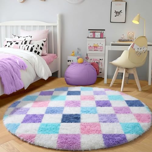 KICMOR Purple Rainbow Round Rug for Bedroom Girls, Cute Fluffy Soft 4ft Circle Area Rug Small Fuzzy Shag Shaggy Living Room Carpet, Circular Checkered Rug for Kids Room Home Decor Aesthetic, Nursery - Image 5