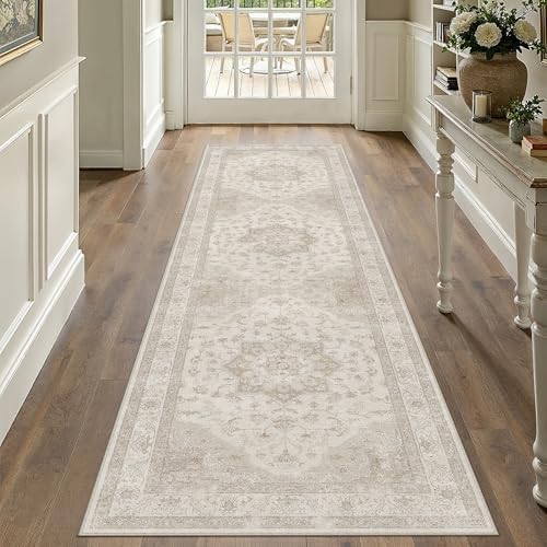 PureCozy Beige 2.6x14 Washable Runner Rug Vintage Oriental Medallion Carpet by PureCozy