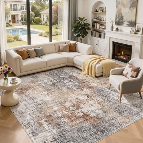DMOYEST Square Area Rug Living Room Rugs - 12x12 Washable Extra Large Soft Indoor Neutral Modern Abstract Low Pile Rug Carpet for Bedroom Dining Room Farmhouse Home Office - Grey Brown - Image 3