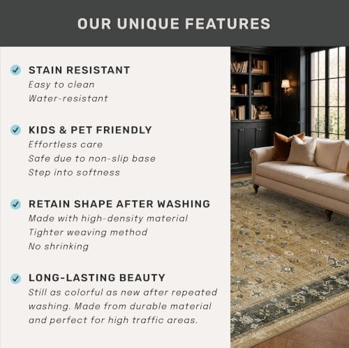 Traditional Washable 6x8 Area Rug for Living Room, Vintage Boho Dining Room Rugs for Under Table, Lightweight Foldable Low Pile Soft Carpet, Rustic Brown and Charcoal Olive Floral Design - Image 6