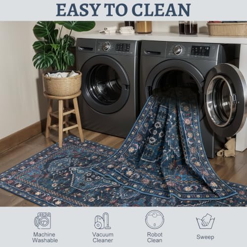 Tangsoo Vintage Blue 2x6 Washable Runner Rug for Hallways, Non Slip Hallway Rugs, Oriental Soft Low Pile Long Rug Carpet Runners for Kitchen Bedroom Entryway Bathroom Living Room Home Decor - Image 4