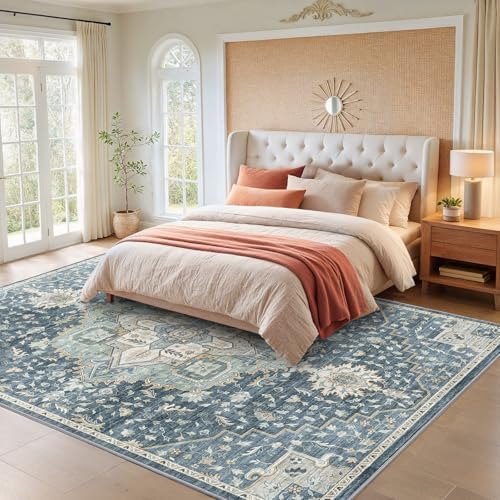 Amada Large 10x14 Washable Area Rug for Living Room, Blue/Yellow, Vintage - Image 3