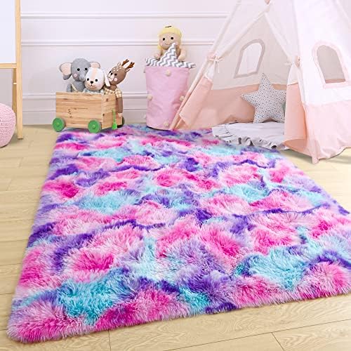 4x6 Tie-Dyed Pink Purple Blue Fluffy Area Rug Non-Slip for Kids Bedroom - Image 6