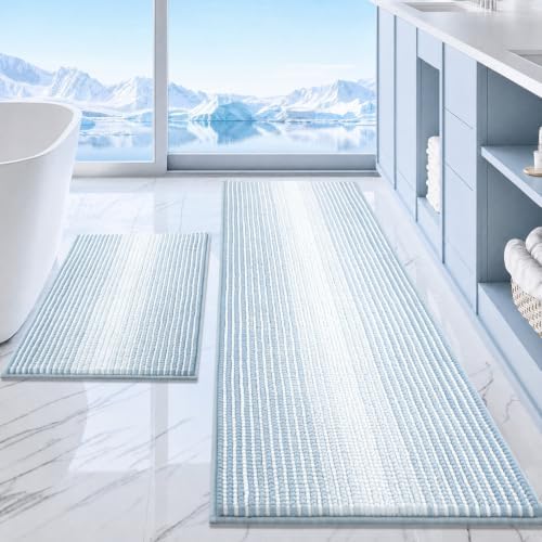 BSICPRO Bathroom Rugs Sets 2 Piece, Non Slip Striped Bath Mats, Ice Blue by BSICPRO