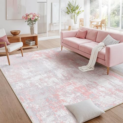RELEANY Washable 9'x12' Abstract Area Rug for Living Room Gray Pink - Image 4