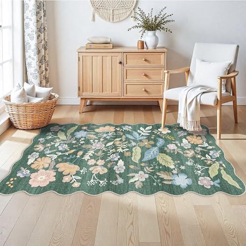 3x6 Washable Floral Runner Rug: Scalloped Carpet Runner for Hallway Green - Image 3