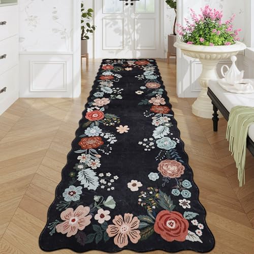 Floral Runner Rug 3x10, Washable Runners for Hallways Non Slip with Rubber Backing, Ultra Soft Cozy Faux Wool Low Pile Carpet Runners for Hallway, Kitchen, Entryway, Laundry, Bedroom, Black by Homcomoda