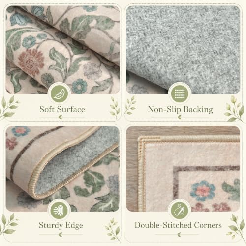 Floral 8x10 Area Rugs for Living Room, Machine Washable Vintage Rug Boho Low Pile Carpets Non Slip Soft Carpet for Farmhouse Bedroom Office Rugs, Kids Room, Nursery Room, Playroom, Beige - Image 6