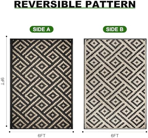 RURALITY Outdoor Rugs 6x9 Feet for Patios Clearance,Plastic Straw Waterproof Mats for Backyard,Porch,Deck,Balcony,Black&Beige - Image 2