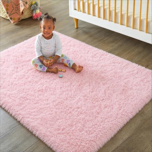 Ophanie Pink Area Rugs for Bedroom Girls, 5x7 Kids Fluffy Fuzzy Furry Shag Carpet, Plush Soft Cute Baby Shaggy Bedside Indoor Floor Rug for Teen Dorm Decor, Nursery with Over 99 pcs Pile fibers - Image 3