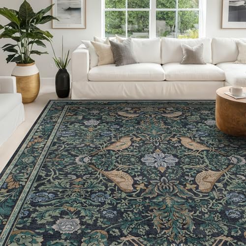 Soft Washable 9x12 Area Rug for Living Room, Bedroom Stain Resistant - Dark Blue Dining Rugs for Under Table, Non-Slip 9 by 12 Low Pile Boho Room Décor for Bedroom, Vintage Bird Floral Design Carpet - Image 6