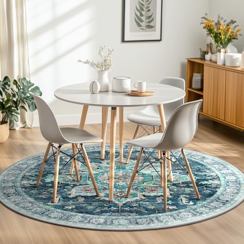 BESTSWEETIE Washable Boho Round 6ft Area Rug, Living Room, Teal Dark Green - Image 4
