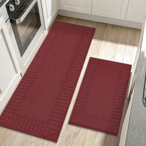BEQHAUSE Kitchen Rugs Non Slip Washable 2PCS, 24"x35"+24"x60", Burgundy Red by BEQHAUSE