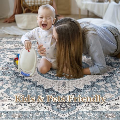 Area Rugs 9x12 Living Room: Washable Vintage Blue Rug - Image 6