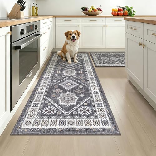 HEBE Boho Kitchen Rugs Set of 2, Non Slip Washable Kitchen Mats for Floor by HEBE