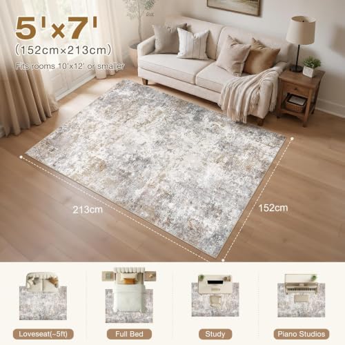 UERMEI 5x7 Area Rug Living Room Rugs Washable Neutral Brown Grey Carpet - Image 2