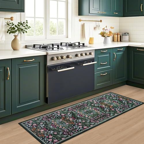 PLHXFR 2x6 Washable Runner Rug：Floral Indoor Kitchen Carpet Dark Green - Image 6