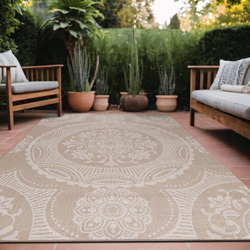 Luul Home Medallion Outdoor Rug 8x10 Washable Outside Carpet for Indoor Patio Porch Waterproof Easy Cleaning Non Shedding Area Rugs Beige 8 x 10 by Unknown