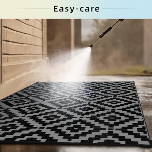 Favoyard Outdoor Rug Black & Grey 5x8 ft Waterproof Reversible Carpet Mat - Image 4