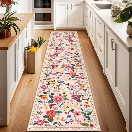 Floral Washable 2x8 Area Rugs Runner Entryway Hallway Pink by RELEANY