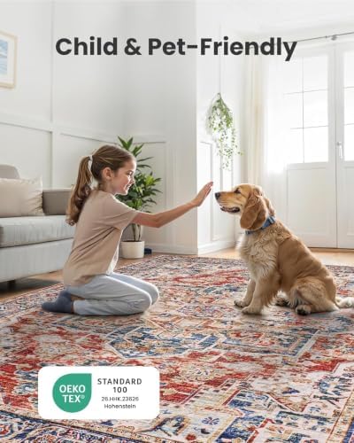 Amada Large 9x12 Washable Area Rug for Living Room, Red, Vintage Pattern - Image 5
