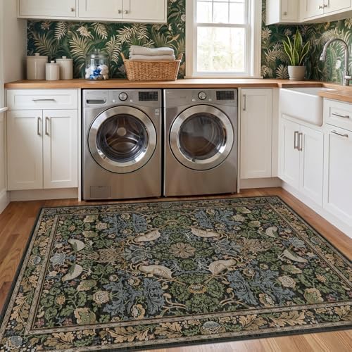Washable 4x6 Area Rug for Living Room - Soft Moody Rug for Kitchen, Office, Large Entryway, Rustic Botanical Decor, Non-Slip Low Pile Dark Green and Brown Ultra Soft Bird Carpet - Image 3