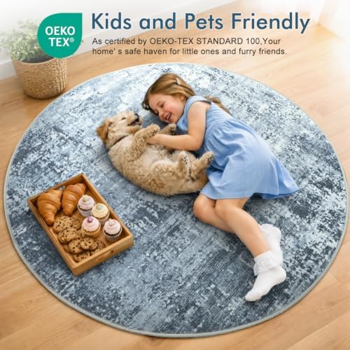 6ft Round Abstract Washable Area Rug for Living Room Blue - Image 5