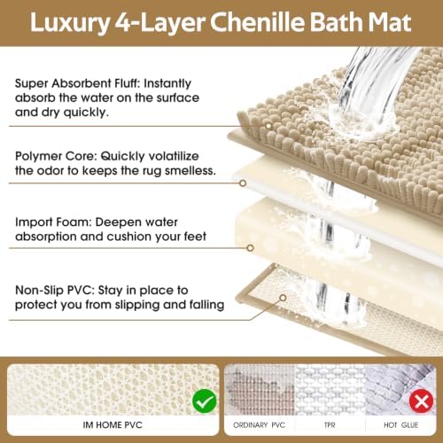 ACCUMTEK Striped Beige Bathroom Rug Mat Set 2 piece 24"x17"+48"x20" Ultra Soft, Non Slip Chenille Bath Rugs, Absorbent Plush Shaggy Bath Mats for Bathroom, Bedroom, Kitchen, Shower, Tub - Image 5