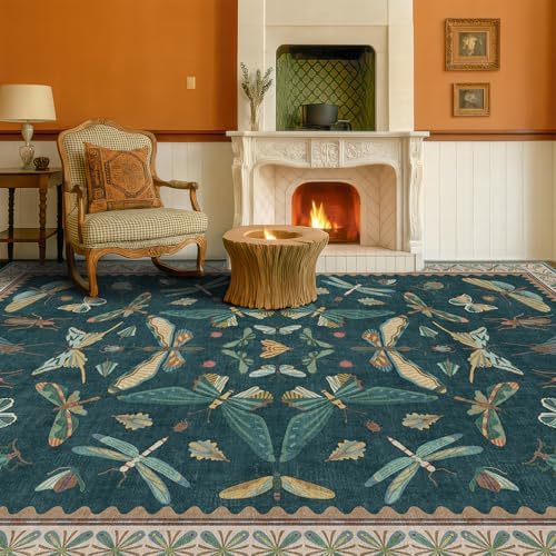 Vintage Teal Area Rugs for Living Room 6x8 - Floral & Butterfly Pattern Dining Rug, Low Pile Soft Bedroom Carpet, Washable Non Skid Rubber Backed, Forest Funky Home Décor - Image 6
