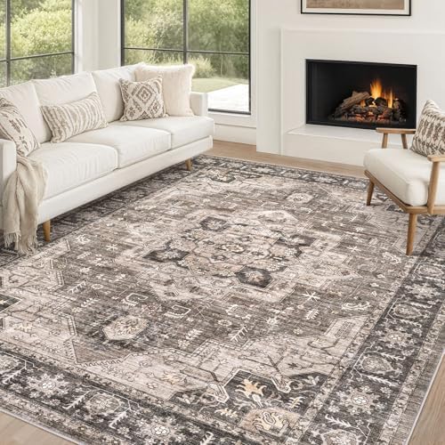Area Rugs 9x12 Living Room: Washable Vintage Dark Brown Rug by ZUNTKON