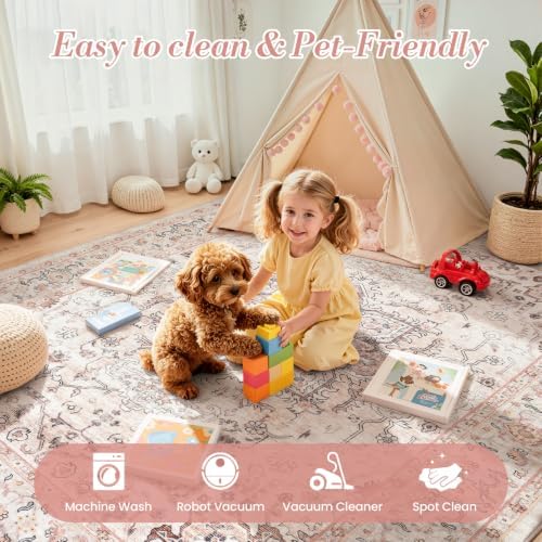 8x10 Washable Nursery Rug, Dusty Pink Non-Slip Bedroom Rugs Girls - Image 5