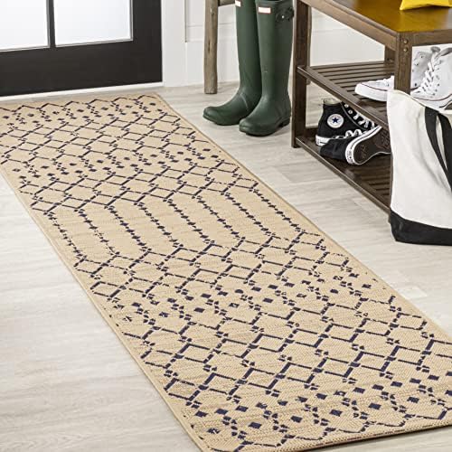 JONATHAN Y Moroccan Geometric Indoor Outdoor Runner Rug 2X8 Beige/Navy, Ourika Textured Weave for Backyard, Patio, Porch, Easy-Cleaning, High Traffic, Pet-Friendly, Non-Shedding (SMB108H-28) by JONATHANY